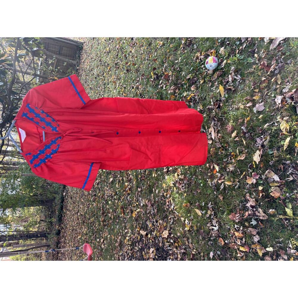 Vintage Red Button-Front House Dress/Robe with Blue Lattice Detail